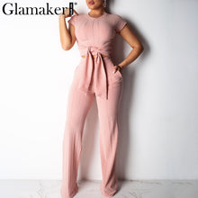 Load image into Gallery viewer, Glamaker Bodycon lace up black women jumpsuit pants autumn sexy pink fitness slim romper Female 2 piece suit party long playsuit