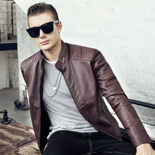 Load image into Gallery viewer, CustOmerS 2019 Autumn New Men's Casual Fashion Stand Collar Slim Leather Jacket Slim Solid Color Leather Jacket Men