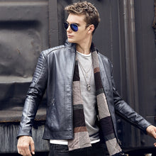 Load image into Gallery viewer, CustOmerS 2019 Autumn New Men's Casual Fashion Stand Collar Slim Leather Jacket Slim Solid Color Leather Jacket Men