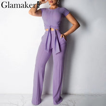 Load image into Gallery viewer, Glamaker Bodycon lace up black women jumpsuit pants autumn sexy pink fitness slim romper Female 2 piece suit party long playsuit