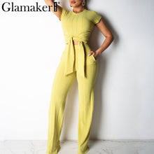 Load image into Gallery viewer, Glamaker Bodycon lace up black women jumpsuit pants autumn sexy pink fitness slim romper Female 2 piece suit party long playsuit