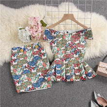 Load image into Gallery viewer, ALPHALMODA 2019 Summer Women Bandage Crop Top Skirt 2pcs Set Floral Printed Stretchy Peplum Fit Jacket Mini Skirt Sexy Suits